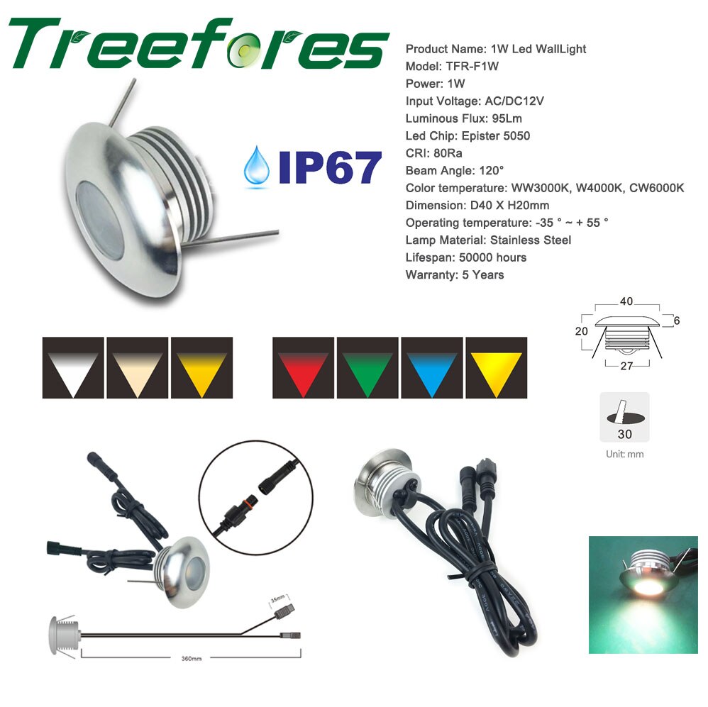 1W IP67 DC 12V Mini LED Spot Light 30mm Outdoor Waterproof Spotlight for Wall Floor and Stair Lighting Lamp CE RoHS