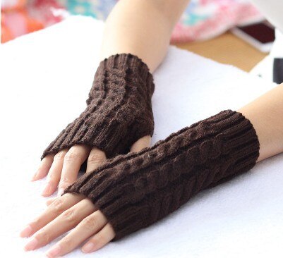 Guantes de invierno para mujer, manoplas cálidas de lana de imitación, de ganchillo, para brazo, sin dedos: Coffee
