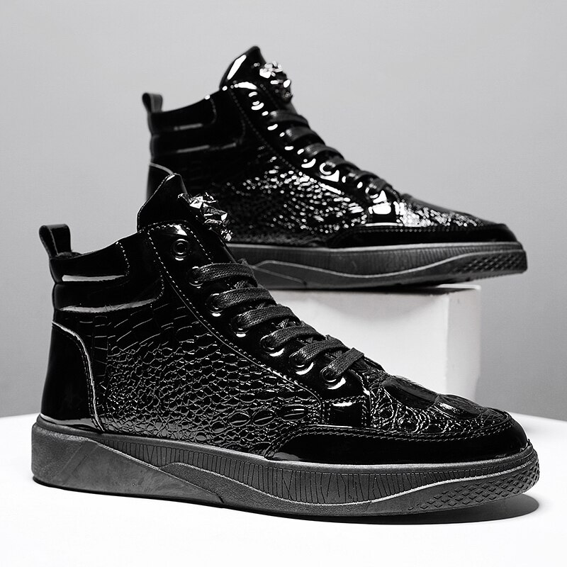 Mannen Herfst Lente Krokodil Patroon Enkellaarsjes Flats Schoenen Hoge Top Zwart Casual Schoenen Mannen Vulcaniseer Sneaker Zapatos De mujer: Black / 44