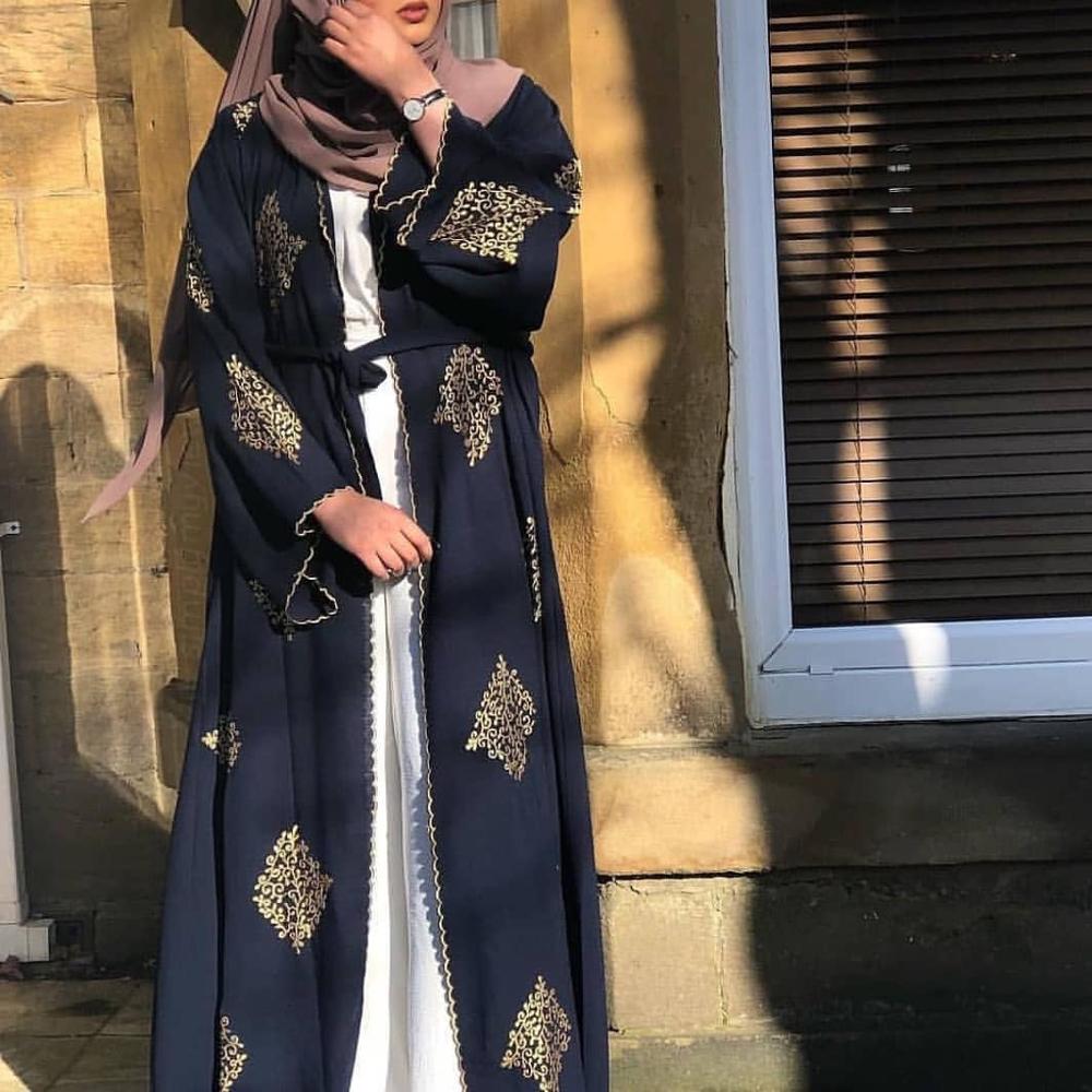 Abaya Kimono robe dubaï Abaya pour femmes longue dinde musulmane longue robe bleu Vintage brodé dentelle Caftan Caftan Cardigan