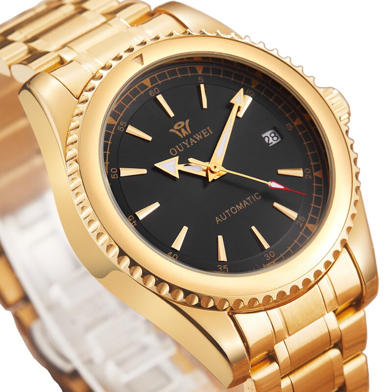 Ouyawei Luxe Automatische Mechanische Horloge Zwarte Goud Sliver Case Skeleton Horloges Mannen Self Winding Mannelijke Eenvoudige Heren Horloge
