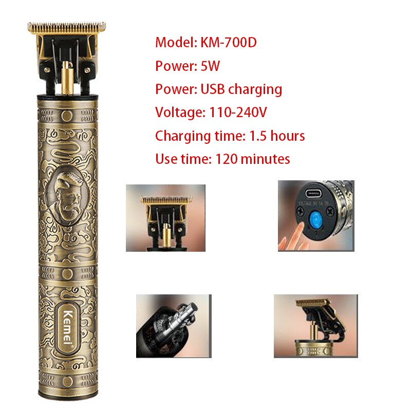 Kemei km -700d hårklipper frisør hårtrimmer til mænd retro buddha trådløs kant elektrisk hårklippemaskine