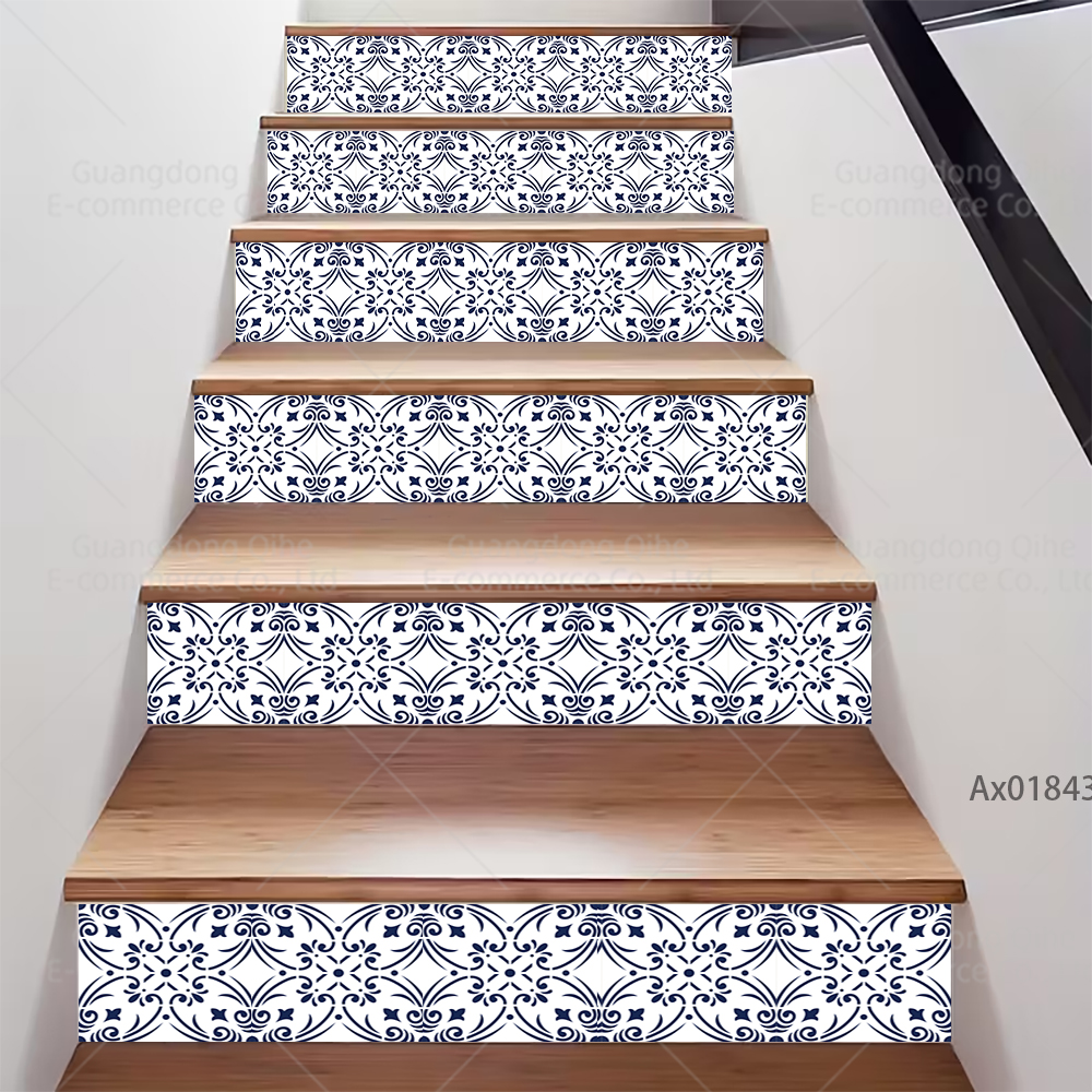 Minimalistische blauwe bloemen trapsticker, zelfklevende trapbekleding, duurzame decoratie voor binnentrappen, plintstickers, muurschilderingstickers.