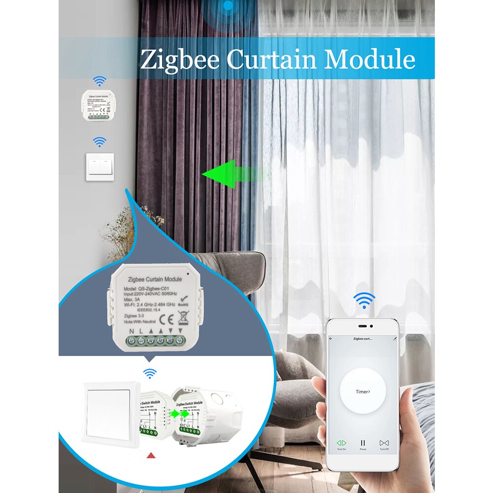 Til rulleskodde soveværelse trådløst med timer praktisk zigbee app hjem smart gardin switch modul let installation blind motor