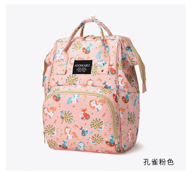 Stijl Mode Luiertas Moeder En Baby Rugzak Mode En Persoonlijkheid Gedrukt Hand Grote Capaciteit Schouder Kraam Tas: Peacock Pink