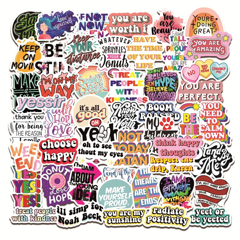 Pegatinas con frases inspiradoras de letras en inglés Kawaii, para ordenador portátil, teléfono, guitarra, papelería, accesorios de álbum de recortes, 10/50 Uds.: Default Title