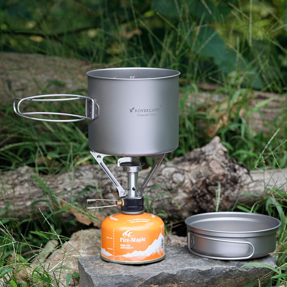 Ultralight Titanium Cook Set Outdoor Camping Kookgerei Set 1100ml Pot 350ml Koekenpan Picknick Kookgerei Servies met Vouwen handvat