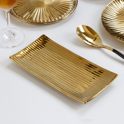 EuropeanGolden ceramic plate Pizza Dessert Steak Dinner Set Porcelain Tableware Decorative pastry Fruit Salad Food Tray: 20x10x0.5cm