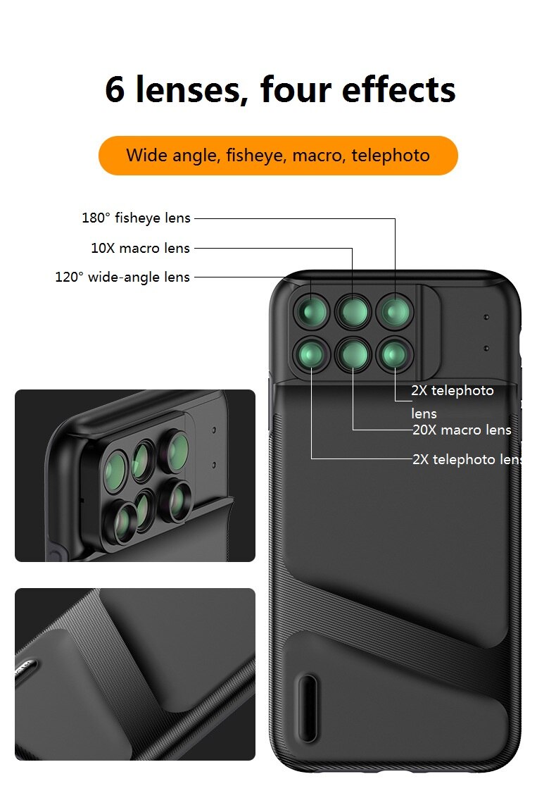 Til iphone xs xr xs max dobbeltkameraobjektiv 6 in 1 fiskeøje vidvinkel makro linse til iphone xr teleskop zoomlinser + etui