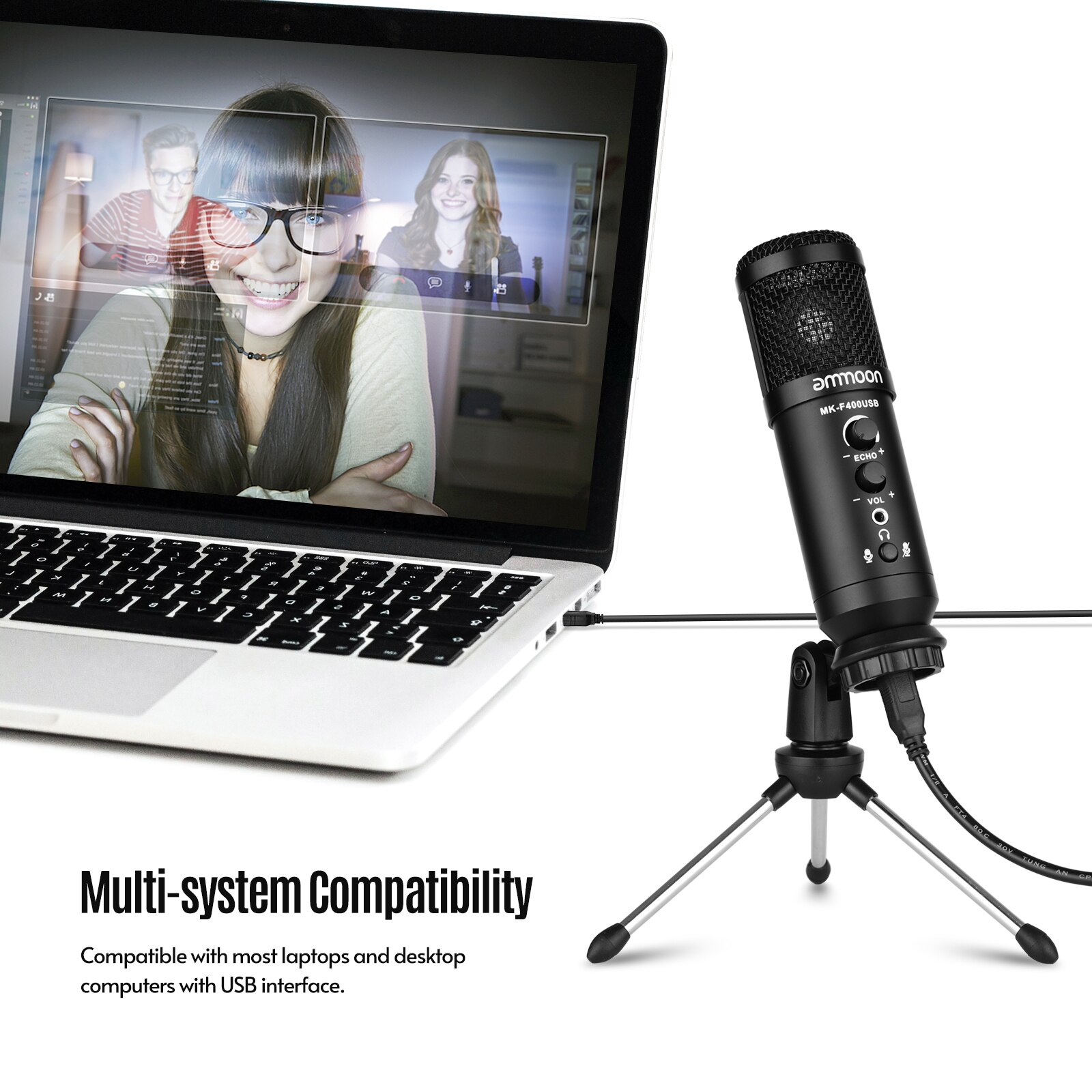 ammoon USB Condenser Microphone Computer Mic Kit with Mini Desktop Metal Tripod Stand Windscreen USB Cable for Music Recording