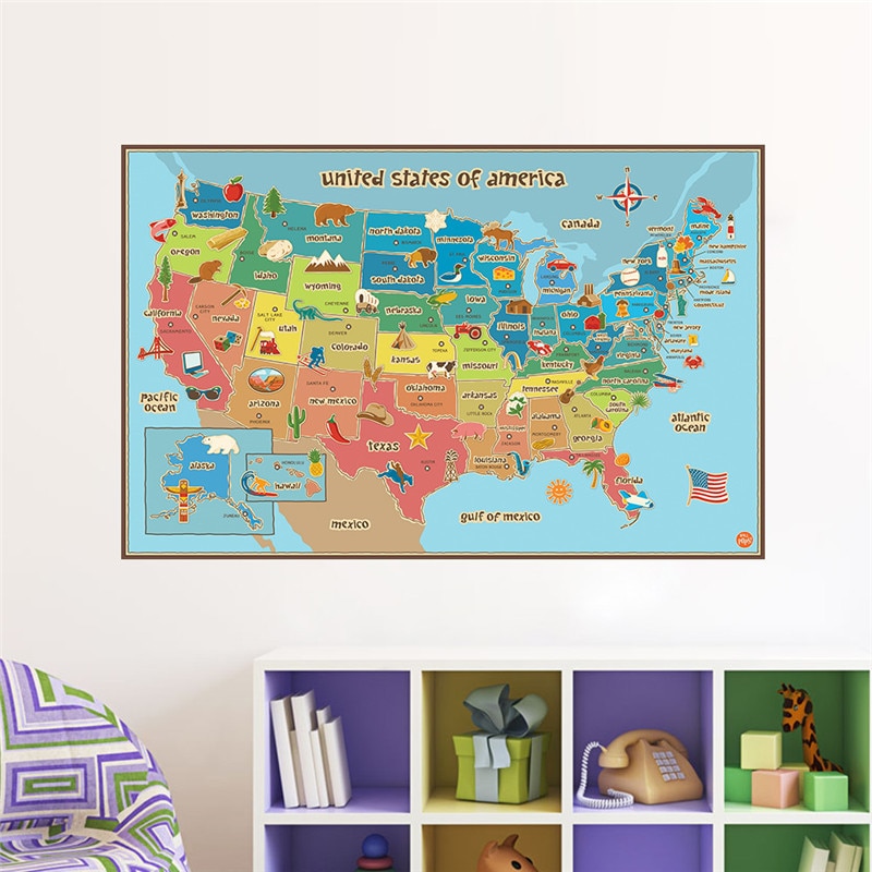 Animals & Plants Map Of American Wall Stickers Kindergarten Classroom Kids Room Home Decoration USA Map Mural Art Diy Pvc Decal