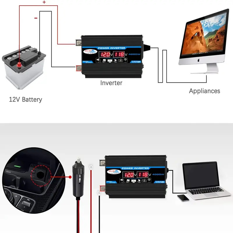 4000 W DC12 V auf 110 V/220 V tragbarer Konverter DC-AC-Wechselrichter mit Eingangs-/Ausgangsspannungsanzeige, 1 AC-Buchse, 2 USB, geeignet für Auto