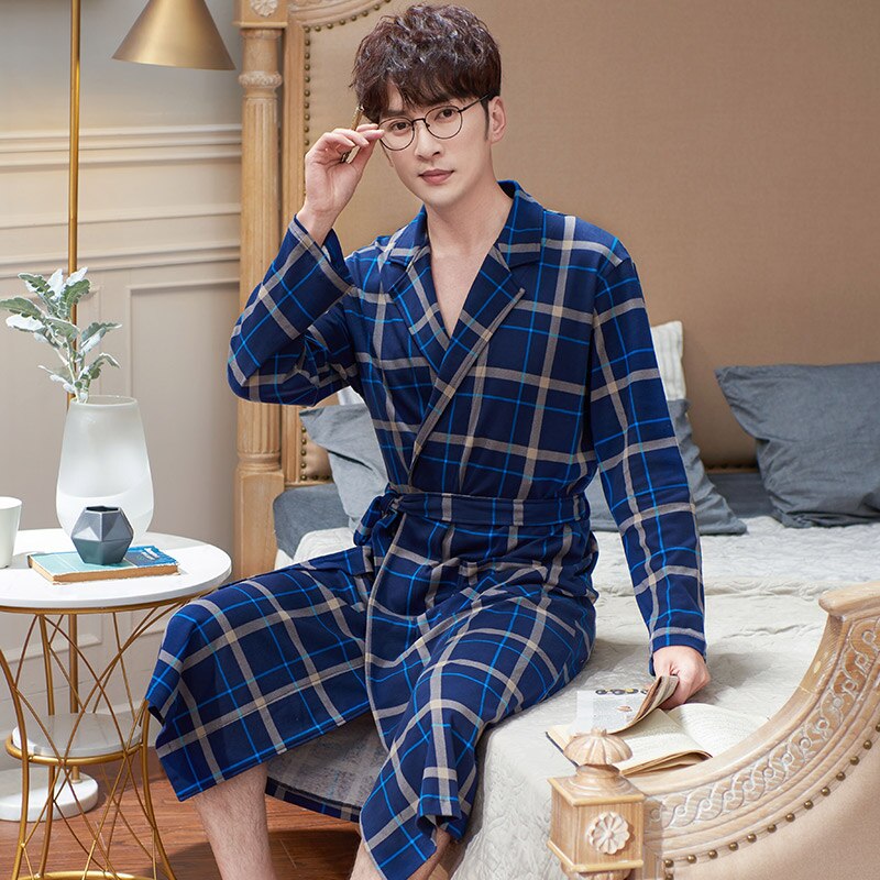Verlengen Lange Grote Werven Kimono Robe Katoenen Badjassen Mannen Nachtkleding Mannen Nightgowns Homewear Pijama Lange Mouwen Robe Peignoir Homme