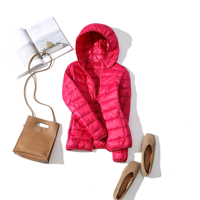 90%  ultralätta tunn dunjacka kvinnor höst vinter smal kort huva varm vit anddunskappa kvinnor ytterkläder: M / Beige