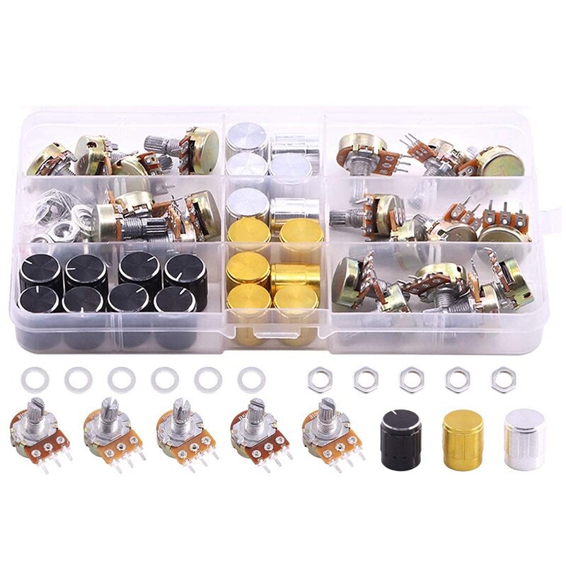 60 stück  b5k 10k 20k 50k 100k ohm lineares drehpotentiometer mit gerändelter achse, (wh148)  , unterlegscheiben und muttern (set)