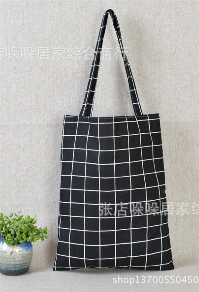 Femmes Plaid lin coton sac à provisions femme toile tissu sacs à bandoulière environnement stockage sac à main réutilisable Eco épicerie fourre-tout: Black