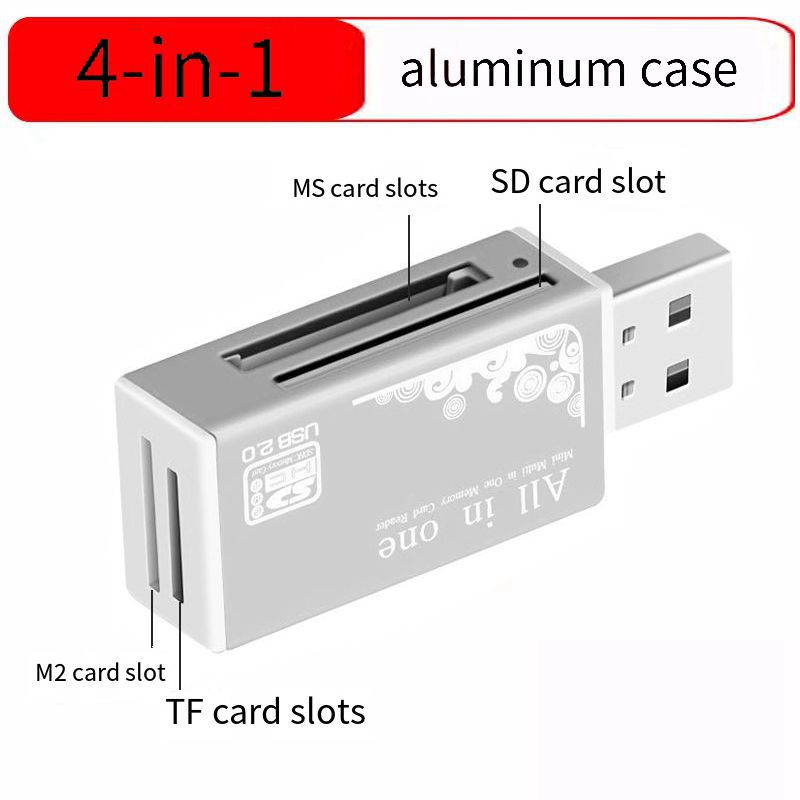 Lector de tarjetas de memoria 4 en 1 TF Micro M2 SD MS, adaptador USB 2,0 MMC de alta velocidad para ordenador portátil, Pc de escritorio, altavoz para vehículo: Plata