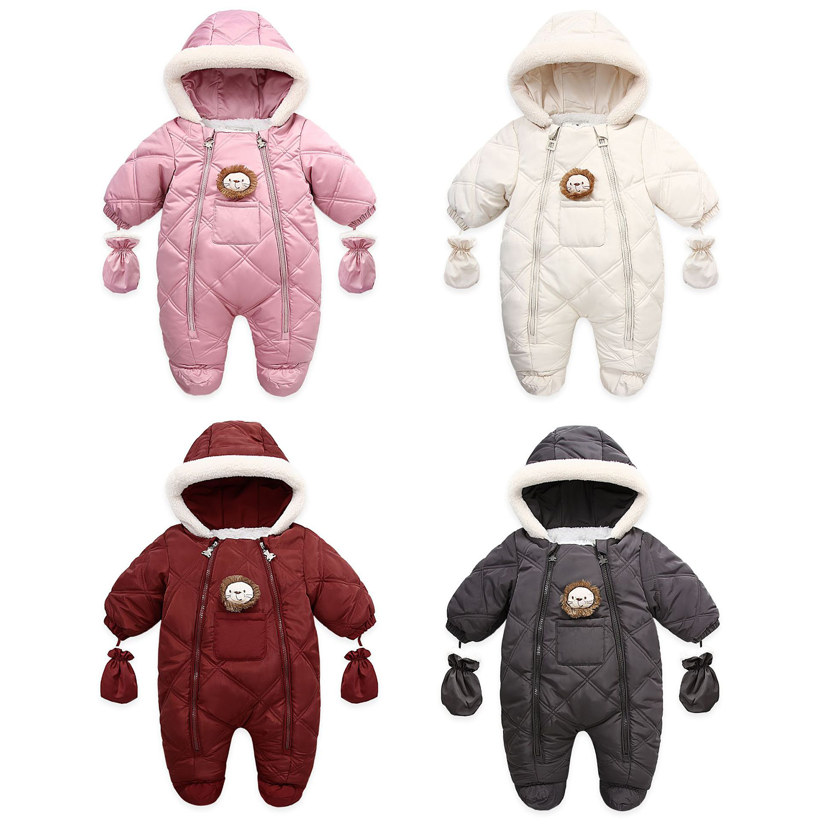 Bebê inverno footed macacão leão dos desenhos animados com capuz mangas compridas footies macacão com luvas para a criança meninas meninos 6-24 meses