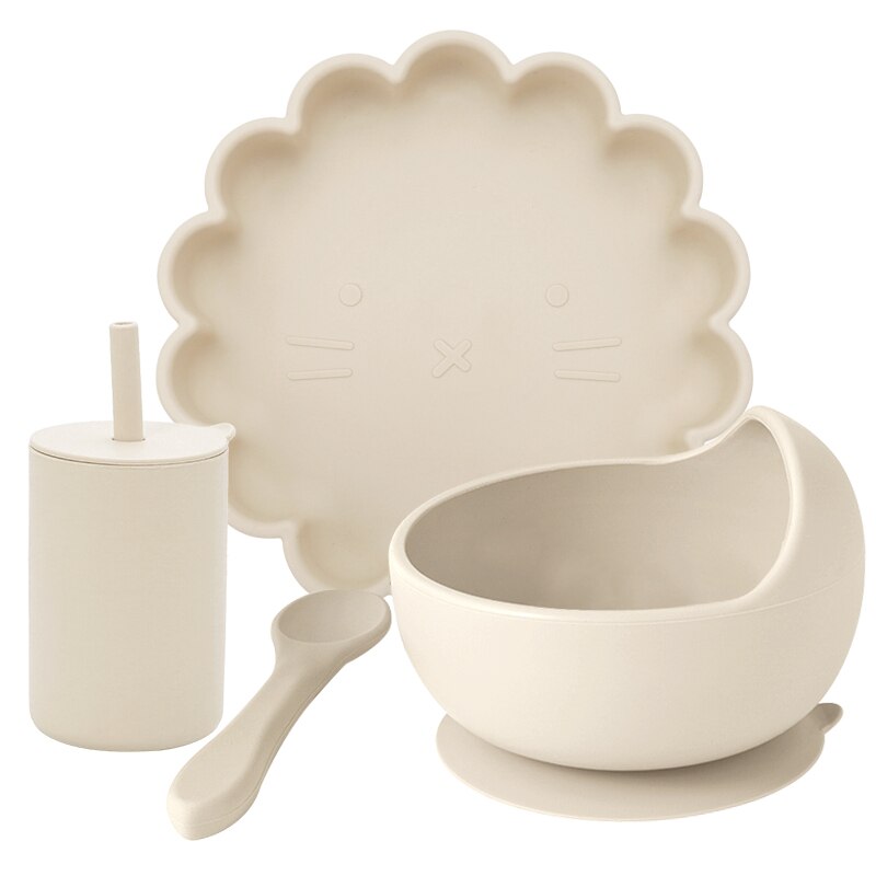 Juego de comida de entrenamiento para niños, cuenco de alimentación para bebé, plato de succión vajilla de silicona de grado alimenticio, taza de paja, artículos para bebé, 4 Uds.: 004B-beach sand