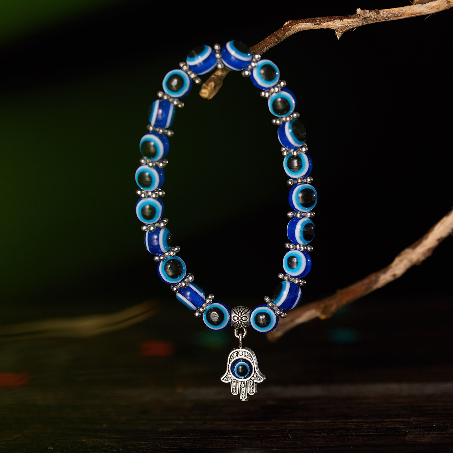 Niebieska bransoletka Evil Eye dla kobiet mężczyzn turecka dłoń wisiorek oczy koraliki Handmade szczęśliwa bransoletka elastyczna regulacja Charm bransoletka