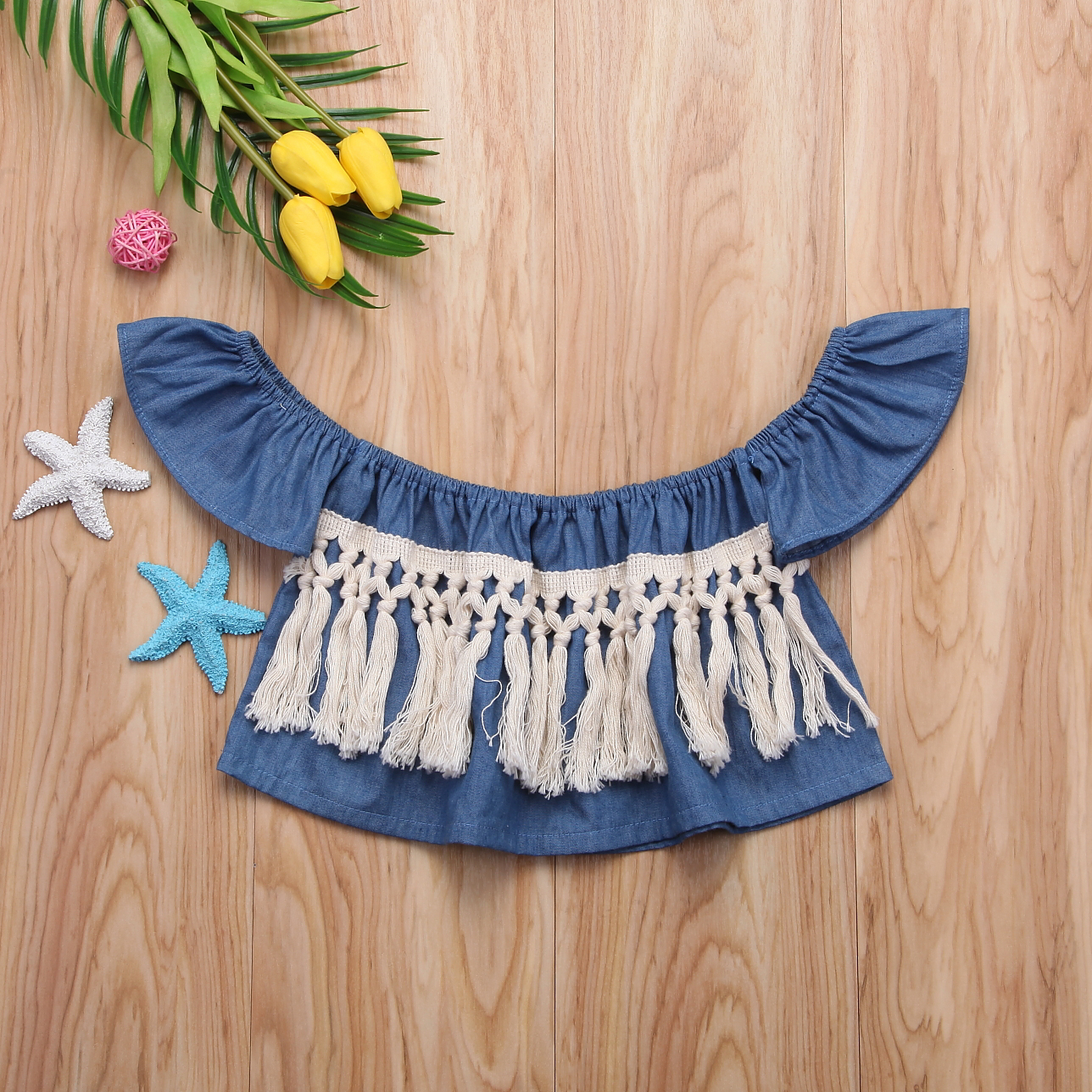 Newborn Kids Baby Gilrs Denim Off Shoulder Blouse Summer Toddler Infant Girl Patchwork Tassel Brief Blouses Top