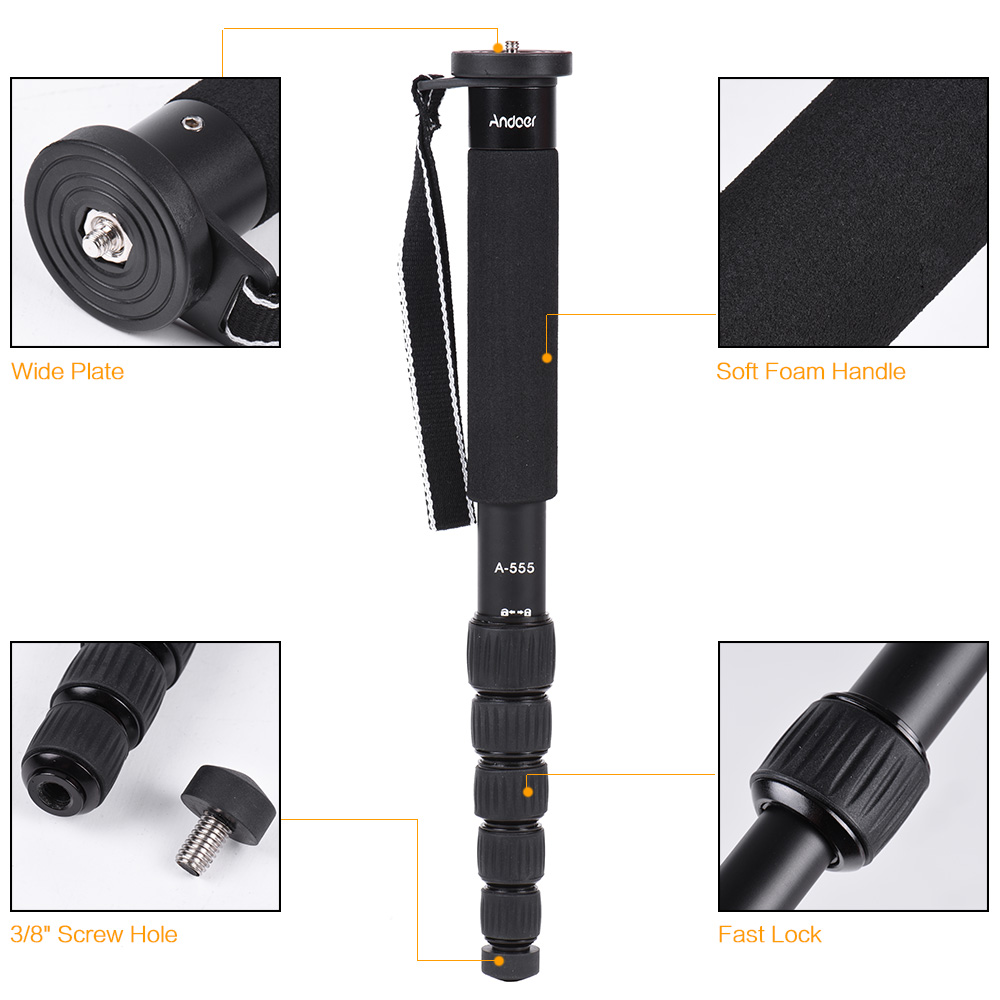 Andoer-trípode A-555 de 6 secciones para cámara, monopié compacto portátil de aleación de aluminio, palo Unipod para Nikon y Canon