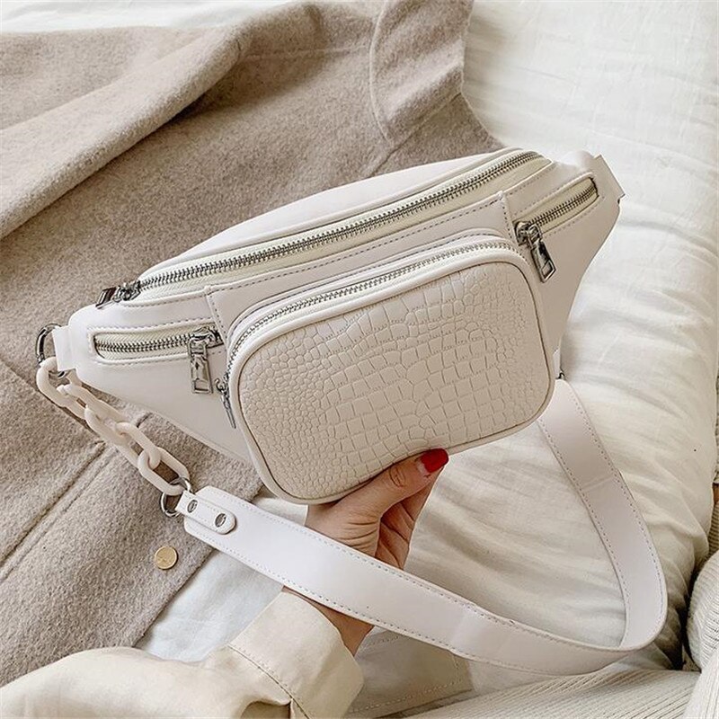 Waist Bags For Women Stone Pattern Leather Chain Waist Bag Belt Leisure Chest Pack Women Satchel Belly Band Belt Bag 40#: White