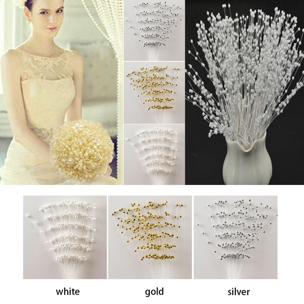 Bouquet de fleurs de mariée blanc/or/argent, 10 tiges, perles artificielles 19.5cm, tige en fil métallique, décoration de mariage #864