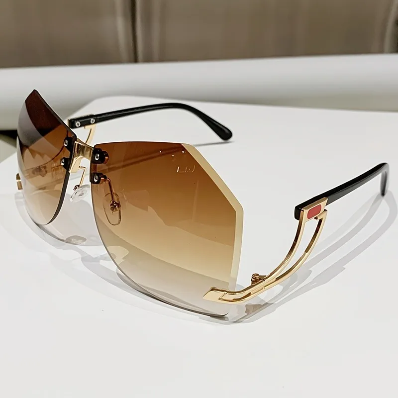Ochelari de soare neregulați fără rame, lentile oceanice gradient șic, nuanțe, ochelari de soare eleganți și la modă, cu picioare scobite: Cafea