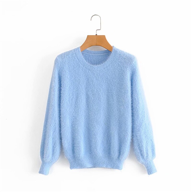 LUNDUNSHIJIA Autumn Women Mohair Short Sweaters Ladies O-neck Long Sleeve Slim Solid Color Pullovers Top: Blue