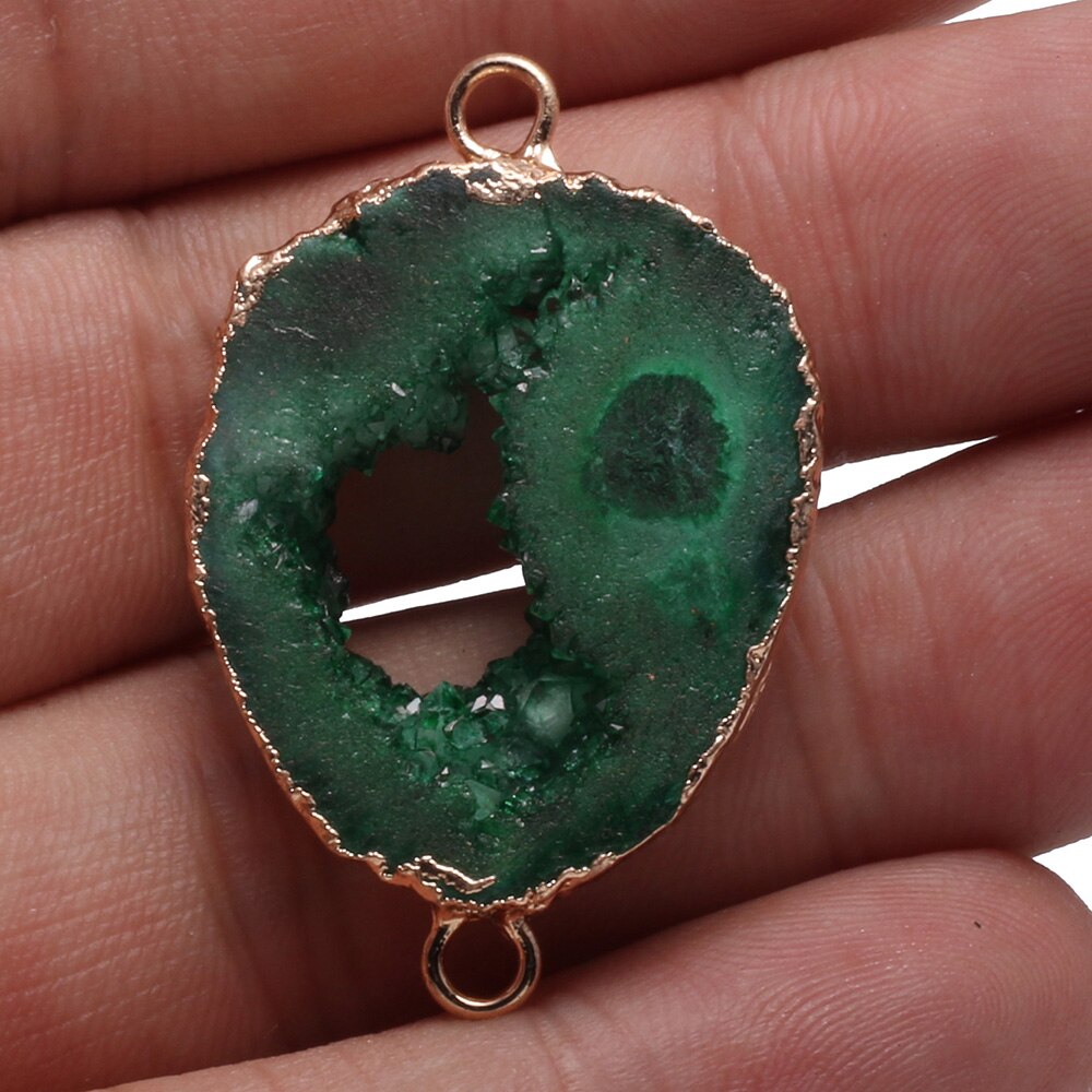 Conectores de colgante de ágatas Druzy Natural, conectores de doble agujero chapados en oro Irregular para fabricación de joyas DIY: Deep Green / 40-45mm