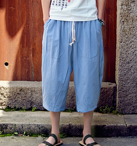 Été hommes décontracté coton lin pantalon large jambe poche lâche rétro cordon élastique taille mollet longueur pantalon pour hommes: PU ciel / XXXL