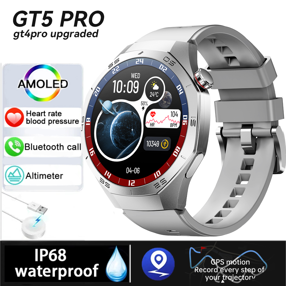 Gt 5 pro smartwatch masculino tela amoled gps esportes bluetooth chamada freqüência cardíaca oxigênio no sangue ao ar livre à prova dwaterproof água smartwatch 2025 novo: Preto