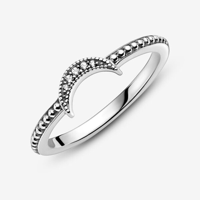 Winter 925 Sterling Silver Ring Crescent Moon Beaded Ring Women Engagement Anniversary Jewelry