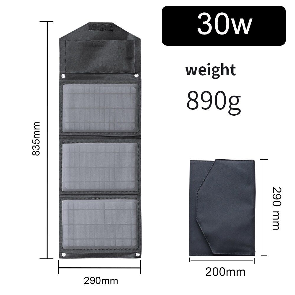 Taitettava aurinkopaneeli 30w 5v kannettava aurinkolaturi dual usb kannettavaan puhelimeen tablet -kamera valo akku ulkona retkeily vaellus: 30w mustaa