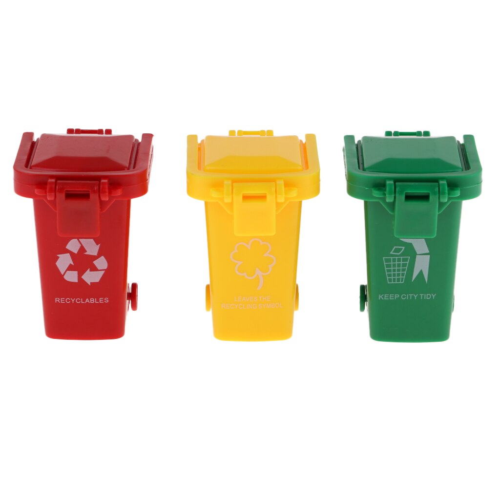 3x Kids Mini Vuilnisbakken Recycling Bakken Vuilniswagen Speelgoed 3-Pack (Groen Rood Geel)