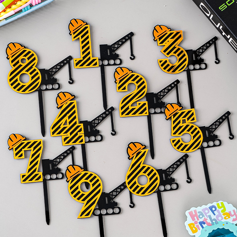 DIY construcción grúa pastel Topper números 1-9 decoraciones acrílicas para pasteles niños niño tema de ingeniería suministros para de feliz cumpleaños