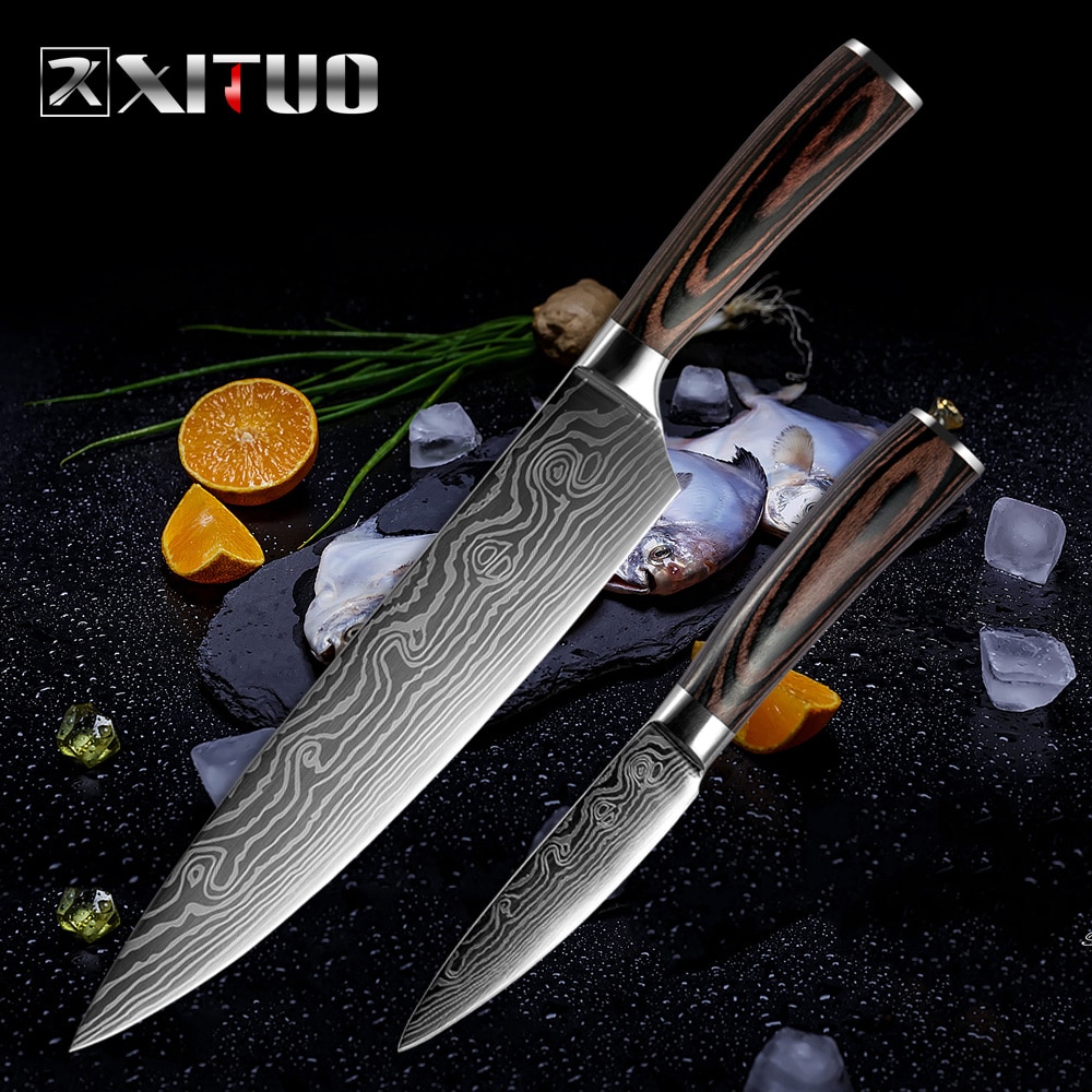 Xituo beste 2 stk kjøkkenkniver sett japansk damaskus stål mønster kokkekniv sett kløveskære santoku skjæreverktøy