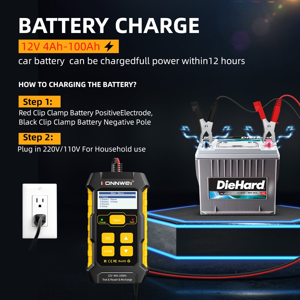 KONNWEI-probador de batería de coche KW510, 12V, 5A, cargador de reparación de pulso, húmedo, seco, ácido de plomo, herramienta de reparación de batería de coche completamente automática