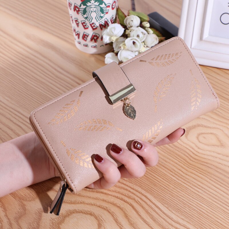 Koreanska kvinnors långa dubbelvikta löv plånbok plånbok clutch mobilväska kortfodral: Beige