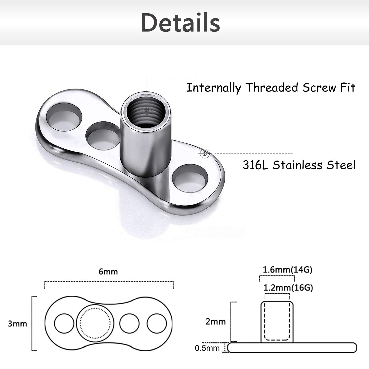 16PCS Crystal Dermal Anchor Tops 3-6mm 14G Surgical Steel Surface Piercing Skin Base