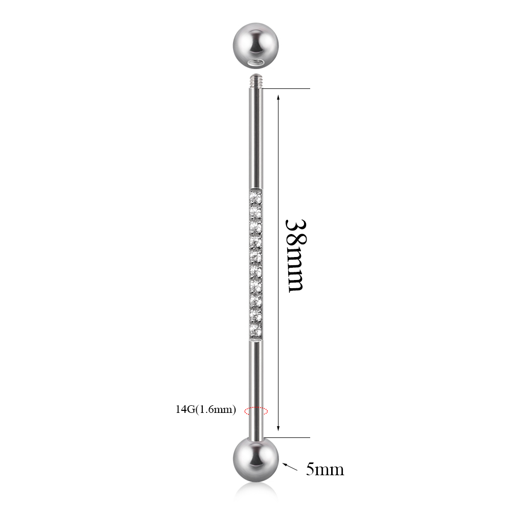 1 pieza de barra Industrial de acero inoxidable, puente largo, Micro inserción, pendiente de circón, joyería transversal para Piercing en la oreja para mujer, 16G: Chapado en rodio