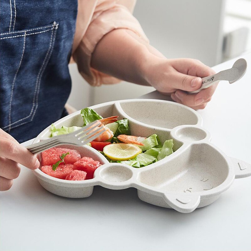 Juego de platos con dibujos de gatos para niños, paja de trigo, comida sólida, cuchara, tenedor, plato, plato duradero, bandeja para la cena y el almuerzo.