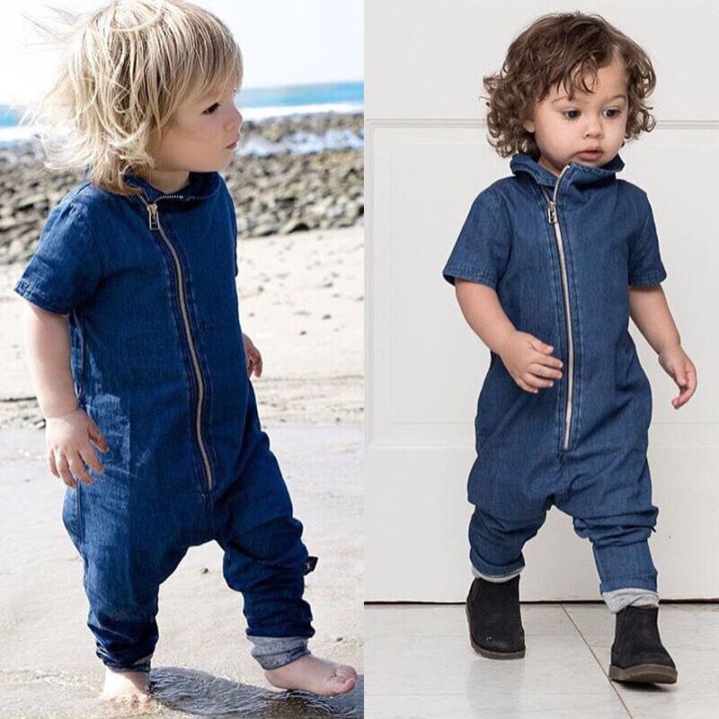 Novo macacão jeans bebê manga curta, calças compridas, roupas legais para crianças pequenas, macacão azul jeans para meninas