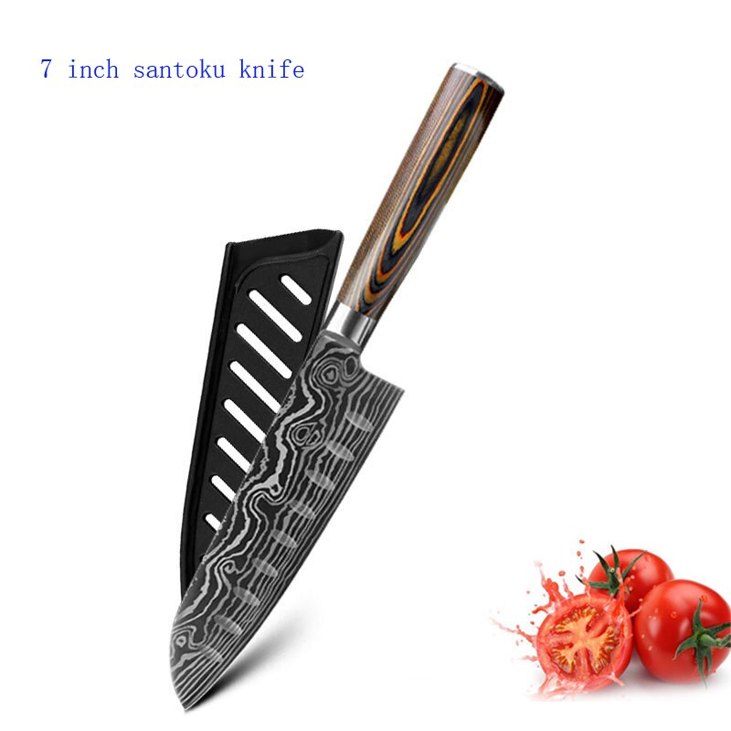 Køkkenkniv 8 tommer kokkeknive 7 cr 17 440c rustfrit stål med høj kulstof damaskus tegning gyuto spaltesæt skiver santoku kniv: F
