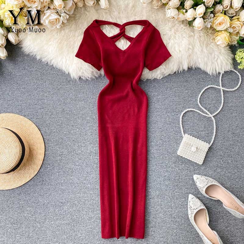 Yuoomuoo Knoop Elegante Dames Office Dress Zomer V-hals Gebreide Werk Jurk Vrouwen Rood Zwart Split Midi Bodycon Jurk vestido: Rood