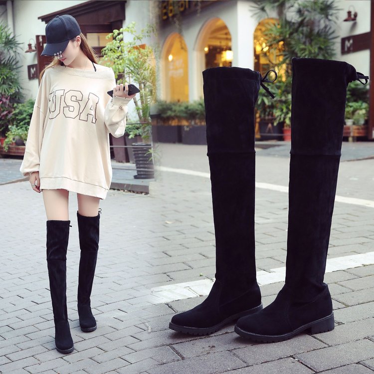 Koovan botas de mujer otoño e invierno nuevas botas de tacón grueso sobre la rodilla señoras Negro bajo plano talón Stovepipe Botas Largas