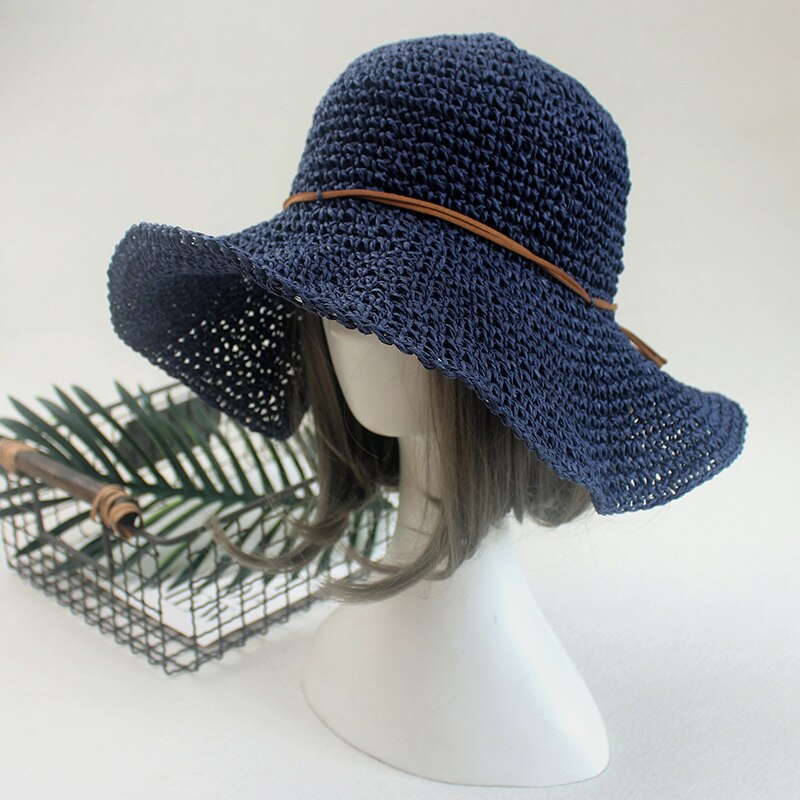 Enkle damer solhat til kvinder bowknot raffia stråhat foldbar sommer hat bred rand strand hat kvinde chapeau femme: Stråhat marineblå