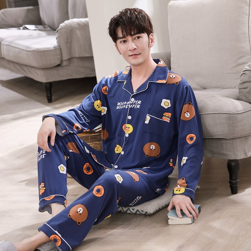 Male Pajama Set Soft Nightgown For Men Pyjamas Sleep Lounge Big Size L-3XL Cotton Pajamas Shorts For Men Summer Sleepwear