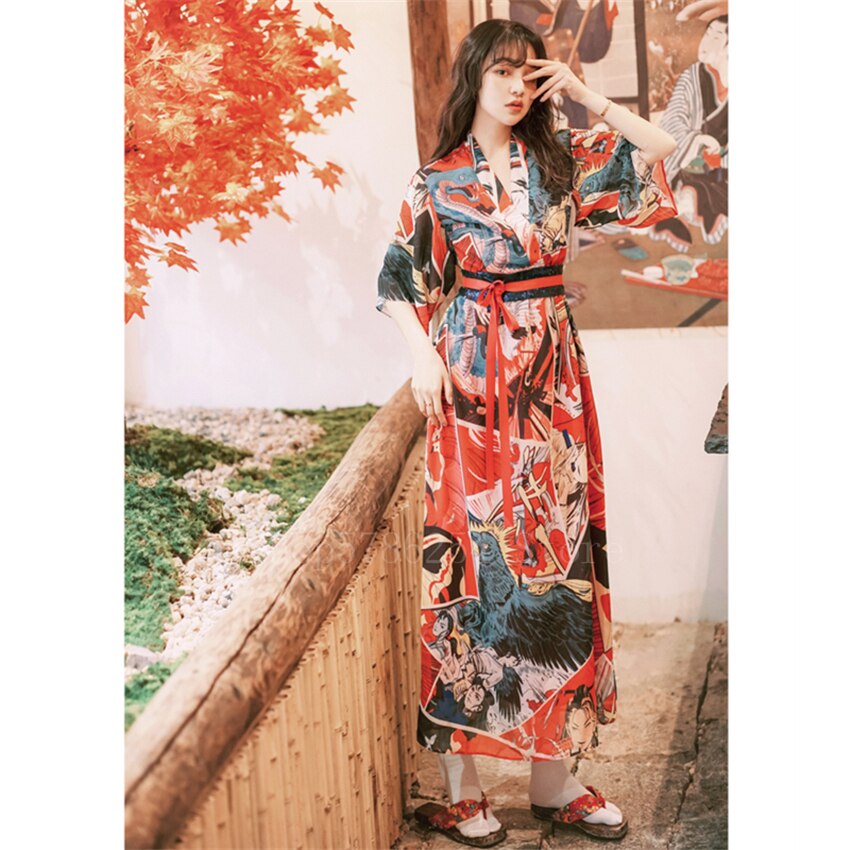 Sommar japansk stil klänning kimono kvinnor flicka fancy print semester chiffong älva lång retro geisha vestido kofta